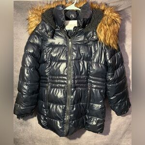Madden Girl Shinny Puffer Jacket Women Navy Fur Hooded Winter Coat Size Medium